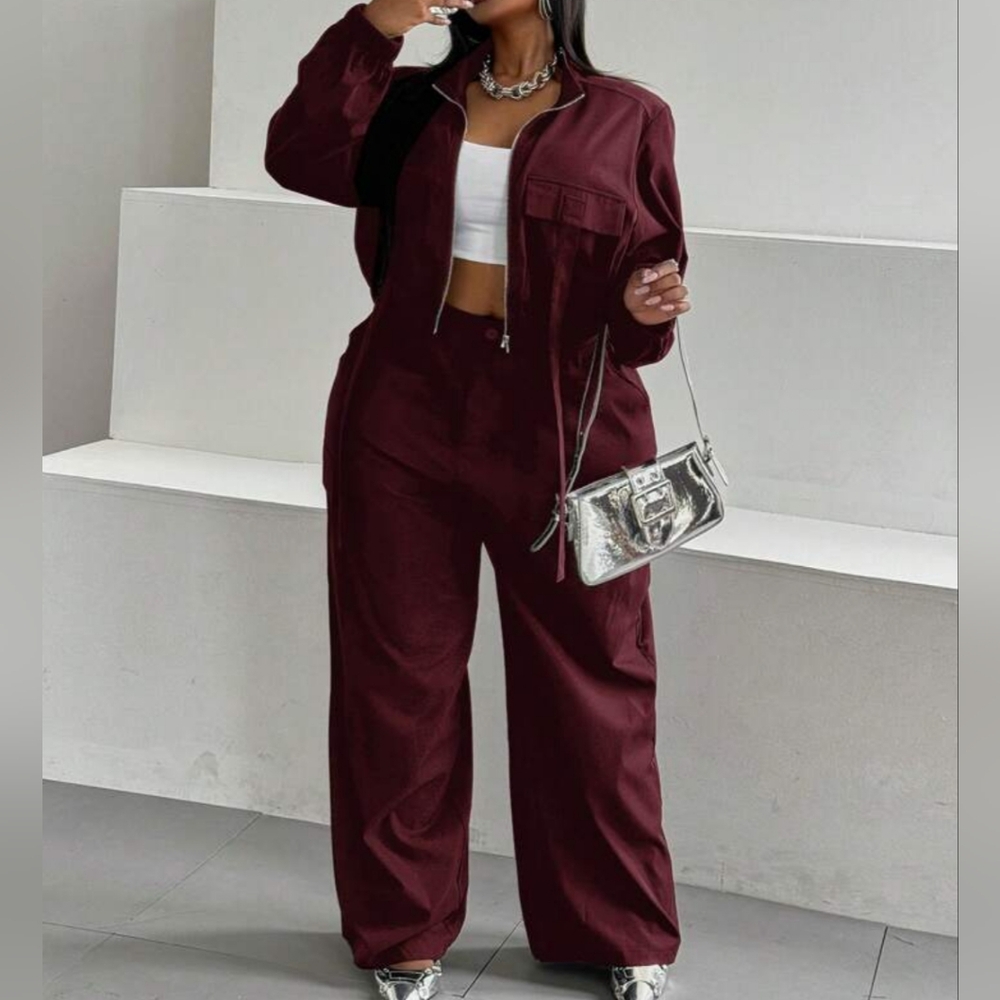 Women's Deep Red Zip-Front Crop Jacket With Wide Leg Pants Two Piece Set Sz Xl - Picture 3 of 6